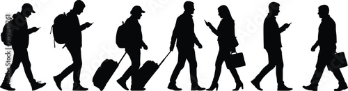 People silhouettes walking with luggage and smartphones isolated on white background, travelers commuters business passengers using mobile devices, modern lifestyle transportation concept illustration