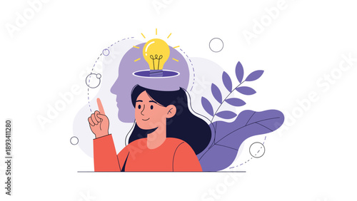 Confident young woman pointing up with a glowing lightbulb idea appearing over her head representing creative thinking.