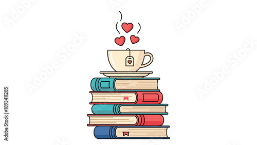 Stack of colorful books with a steaming cup of tea and small hearts floating above it showing love for reading.