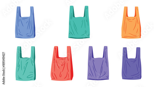 Collection of various colored plastic shopping bags arranged in rows to illustrate common consumer waste and retail.
