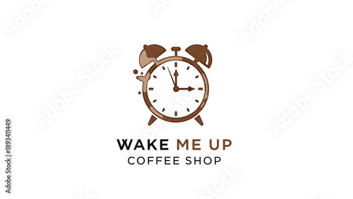 Creative professional logo for a coffee shop featuring an alarm clock dripping with brown liquid and the text Wake Me Up.