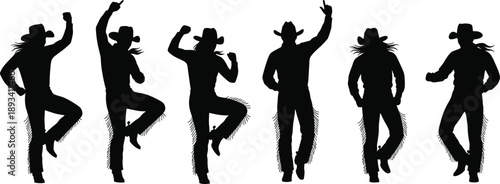 Silhouette line dancing cowboy figures performing western country dance moves isolated on white background, rodeo style choreography illustration, for music festival poster design concept