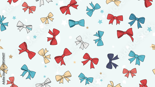 Colorful hand drawn bows and small stars create a playful seamless pattern on a soft pastel blue background for textile design.