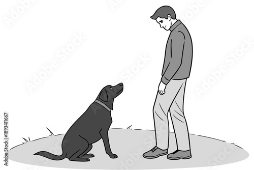 Vector illustration of an attentive man and his obedient black labrador retriever dog, sitting patiently and looking up, symbolizing pet training, companionship, and loyalty.