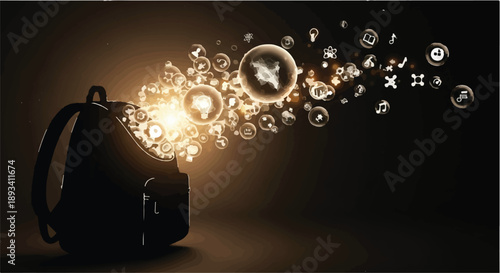 Backpack radiating glowing app icons into digital space