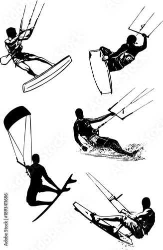 Illustration of a group with silhouettes of kite surfers.