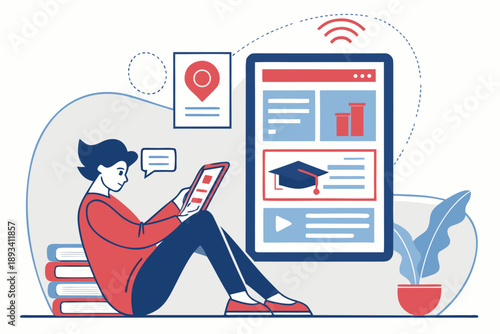 Student engaged in online education with digital tablet, studying remotely, accessing e-learning content. modern vector illustration depicting distance learning and academic success.