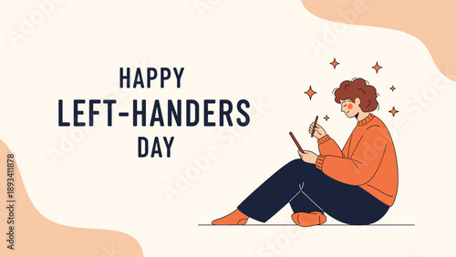 Illustration for left handers day featuring a person sitting on the floor and writing with their left hand on a soft peach background.