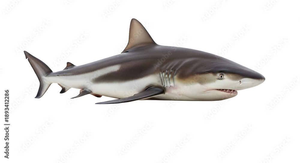 Obraz premium Realistic illustration of a shark with sharp teeth and a sleek body swimming in a neutral direction against a plain white background