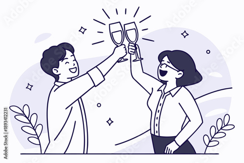 Joyful business partners celebrating success with a champagne toast, happy man and woman clinking glasses. modern minimalist vector line art illustration for achievement and victory concepts.