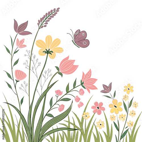 Spring Meadow Floral Illustration  White Backgroun SVG Vector Design