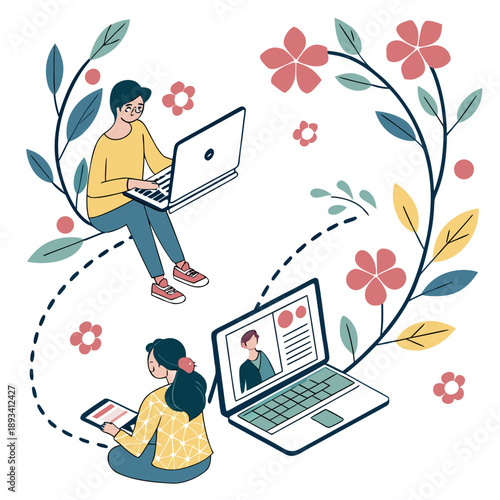 Spring Online Collaboration Illustration  White Ba SVG Vector Design