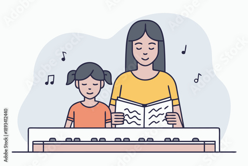 Joyful mother and child piano lesson vector illustration, musical education, family bonding, learning keyboard, music practice, harmonious childhood experience.