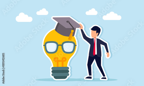 Businessman placing graduation cap on a light bulb wearing glasses illustration of expertise in delivering breakthrough business ideas and innovation