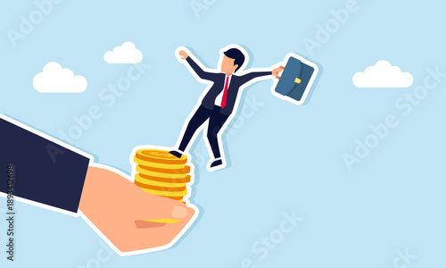 Businessman falling from stack of coins held by hand illustration of dollar inflation or national currency in macro economy