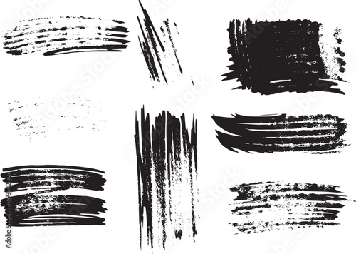 Brush set. Vector black paint brush spots, highlighter lines or felt-tip pen marker. Ink smudge abstract shape stains and smear set with texture