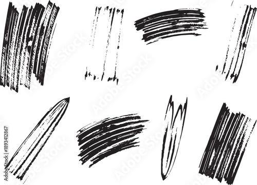 Brush set. Vector black paint brush spots, highlighter lines or felt-tip pen marker. Ink smudge abstract shape stains and smear set with texture