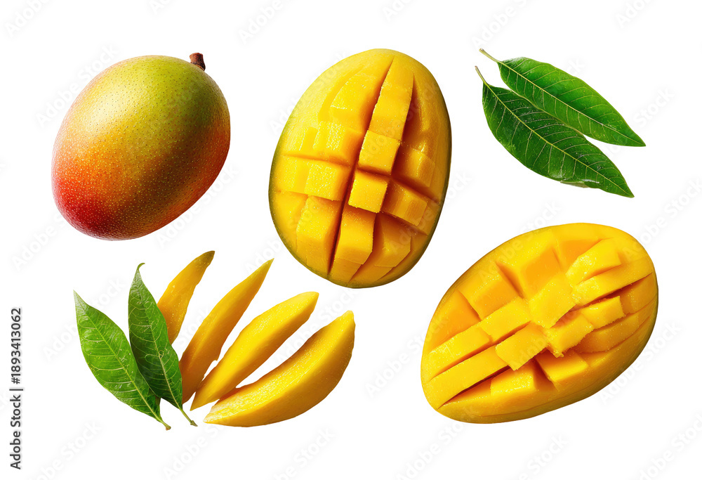 Fototapeta premium Mangoes, cut & whole, with leaves