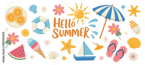 Cartoon Summer Stickers in Retro 90s Style Featuring Summer Party, Vacation, Beach Season, Shore, Sun, and Swimwear with Bright Groovy Funky Elements, Shapes, and Sticker Pack of Patches and Labels