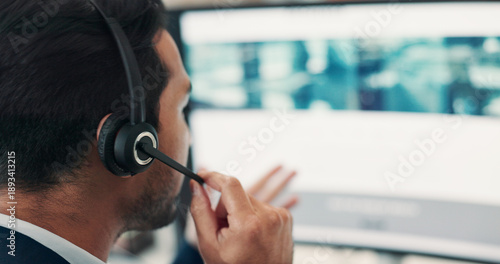 Tableau sur toile Man, talk and headset with computer screen in call centre for customer service, online query and advice