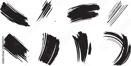 Brush set. Vector black paint brush spots, highlighter lines or felt-tip pen marker. Ink smudge abstract shape stains and smear set with texture