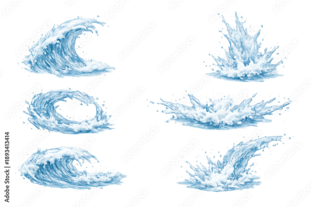 Fototapeta premium Water splash elements with breaking waves, liquid drops, and dynamic sprays, transparent background for design assets