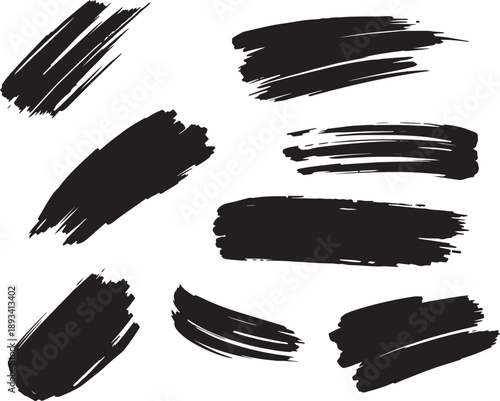 Brush set. Vector black paint brush spots, highlighter lines or felt-tip pen marker. Ink smudge abstract shape stains and smear set with texture