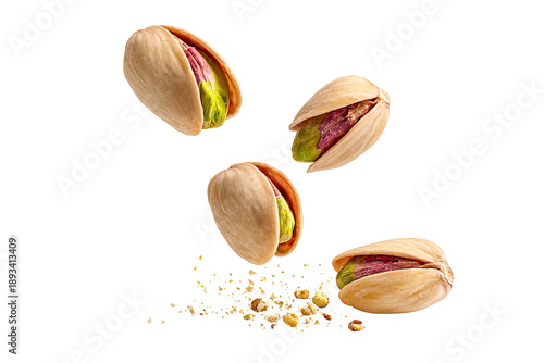 Four pistachios in mid-air, cascading over a bed of shelled pistachios