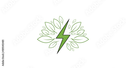 Green lightning bolt symbol centered within a cluster of various leaves representing fast natural energy and electrical power.