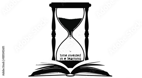Time invested in learning concept with hourglass on open book