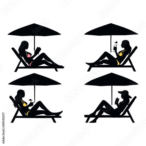 Woman Relaxing on Beach Chair Under Umbrella – Summer Silhouette Set