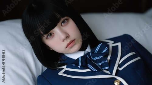A portrait of a young woman with straight black hair, wearing a formal blue outfit with a bow tie, gazing directly at the viewer with a serious expression.