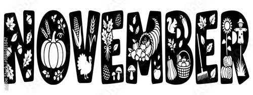 November Decorative Typography Vector with Harvest and Autumn Elements