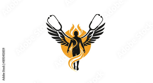 Medical symbol with wings and stethoscope on fire background