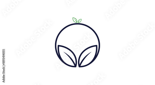 Minimalist logo design featuring a circle with two large leaves at the bottom and a small sprout at the top on white background.