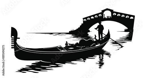 Silhouette of a gondola ride under a bridge on a serene waterway