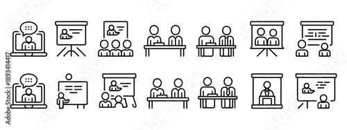 Business Training Icons Illustration, Workshop and Education Symbols, Vector Concept Representing Professional Development, Learning, and Corporate Skills.