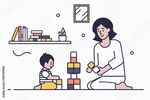 Mother and child playing with colorful building blocks indoors: a vector illustration of family bonding and early childhood development.