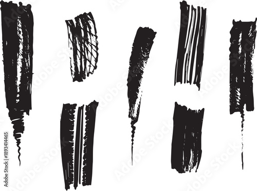 Brush set. Vector black paint brush spots, highlighter lines or felt-tip pen marker. Ink smudge abstract shape stains and smear set with texture