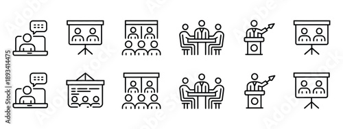 Business Training Icons Illustration, Workshop and Education Symbols, Vector Concept Representing Professional Development, Learning, and Corporate Skills.