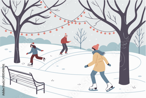 Winter skating fun in the park - vector illustration