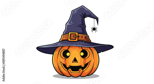 Spooky carved Halloween pumpkin jack o lantern wearing a dark witch hat with a small hanging spider for seasonal party flyer.