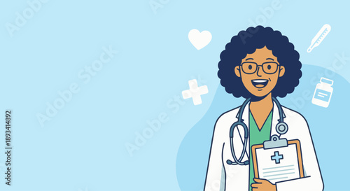 Friendly Doctor Portrait
A flat vector illustration of a friendly doctor smiling confidently, wearing a white coat and holding a clipboard. Simple background with medical icons. Flat vector style