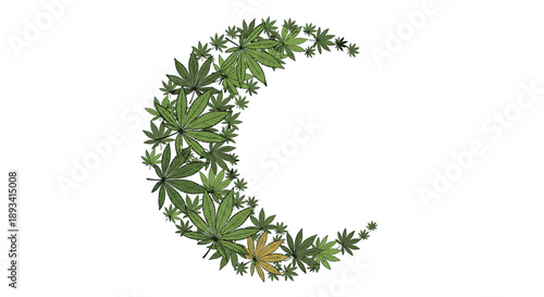 Creative crescent moon shape formed by green marijuana leaves of various sizes for night time relaxation or cannabis culture theme.