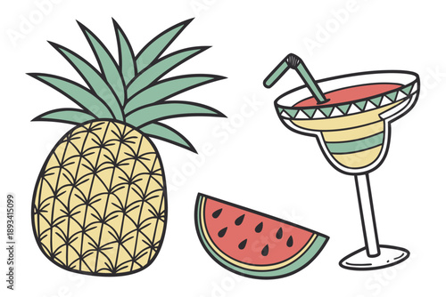 Isolated vector illustration set: tropical pineapple, watermelon slice, and summer cocktail drink. hand-drawn style elements for design projects, stickers, and party invitations.