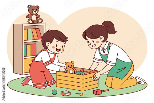 Cheerful isolated illustration of a young boy and a female caregiver tidying up toys in a wooden storage box on the floor, suitable for educational, nursery, and design projects.