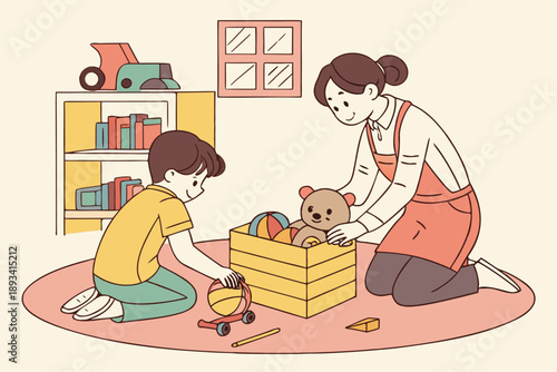 Joyful mother and young boy tidying toys together in a nursery or playroom. detailed vector illustration of family cleaning up, organization, and childhood development for design use.