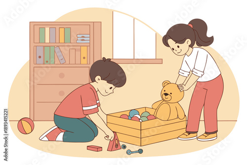 Childhood playtime and organization illustration: boy and girl siblings tidy up nursery room with toys and teddy bear