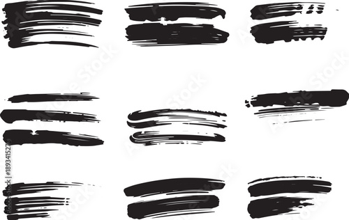Brush set. Vector black paint brush spots, highlighter lines or felt-tip pen marker. Ink smudge abstract shape stains and smear set with texture
