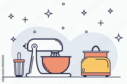 Retro style kitchen appliance vector illustration: stand mixer, toaster, and whisk
